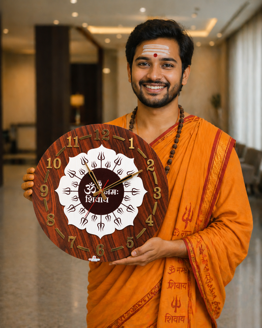Om Namah Shivaya Wooden Wall Clock | Divine Timepiece 18x18